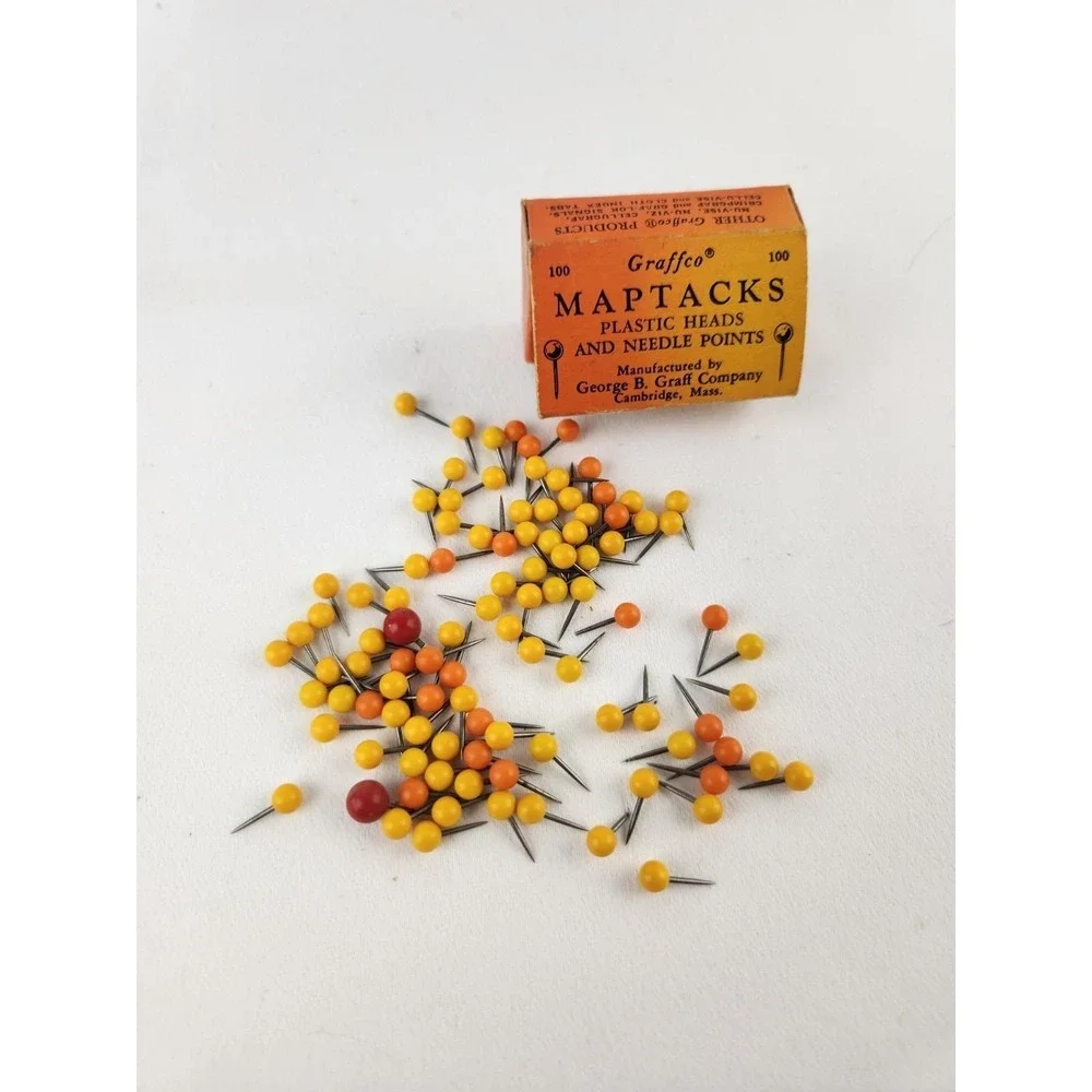 Vintage Graffco Map Tacks Box Plastic Heads Yellow Colors Somerville MA 1950s
